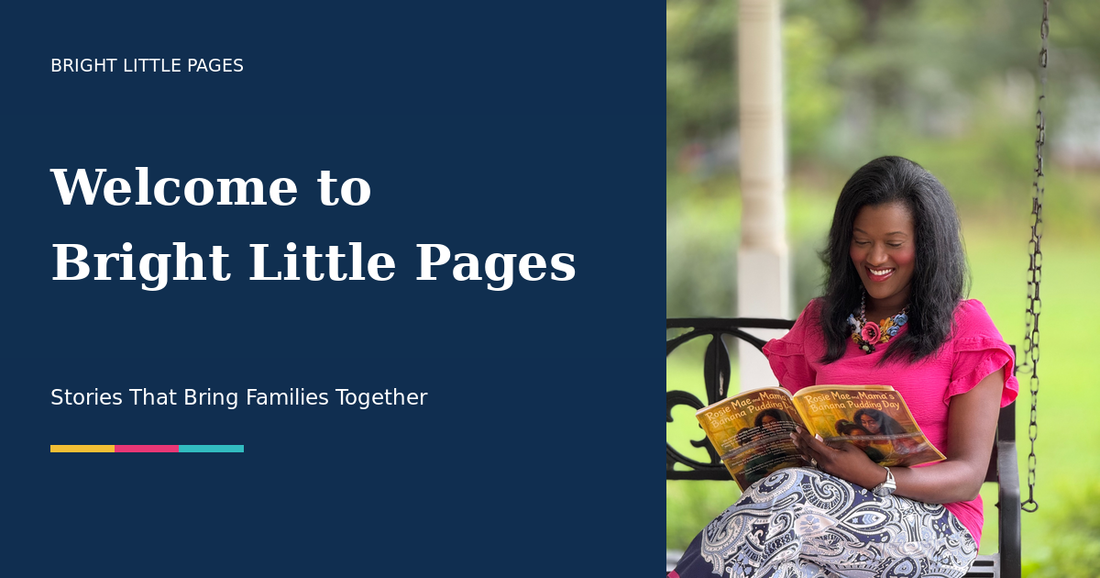 Welcome to Bright Little Pages banner with Bria Freitas reading a children's book