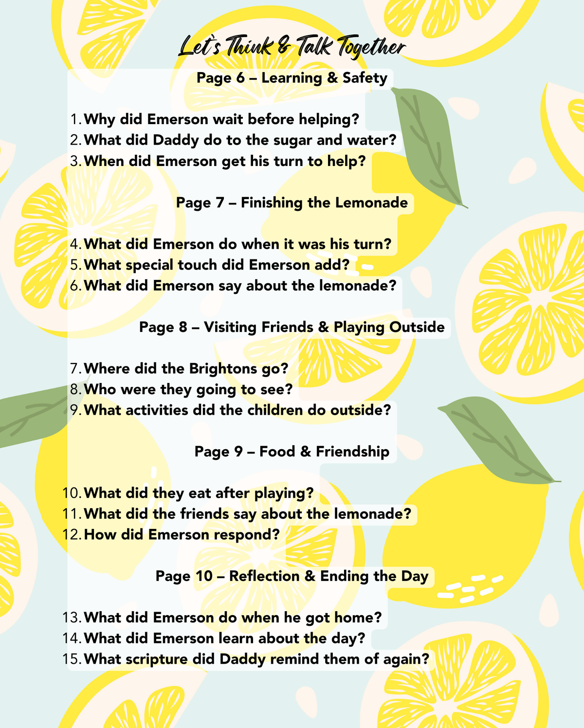 Discussion questions page from The Brighton's Lemonade Day