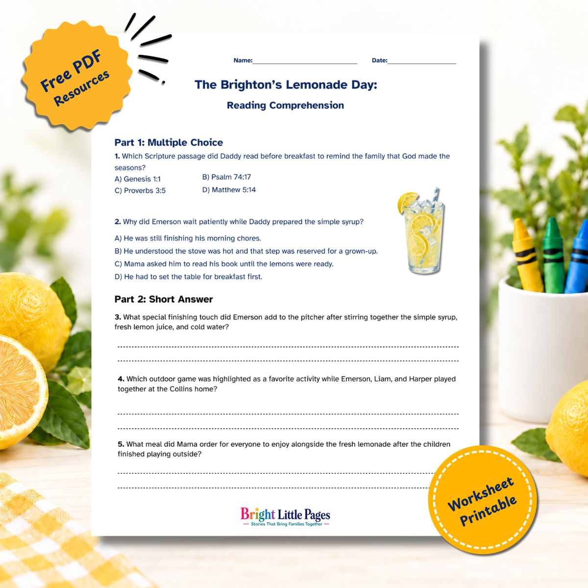 The Brighton's Lemonade Day Vocabulary Match free printable worksheet preview