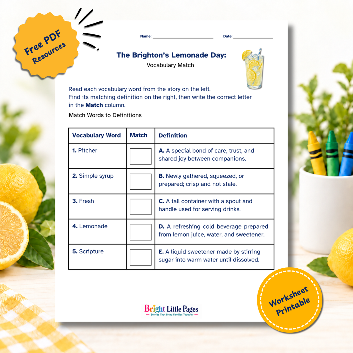 The Brighton's Lemonade Day Reading Comprehension free printable worksheet preview