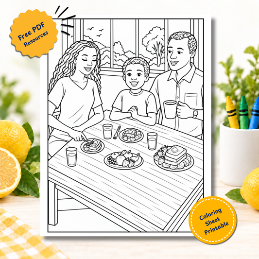 Free printable coloring page of a family eating breakfast together