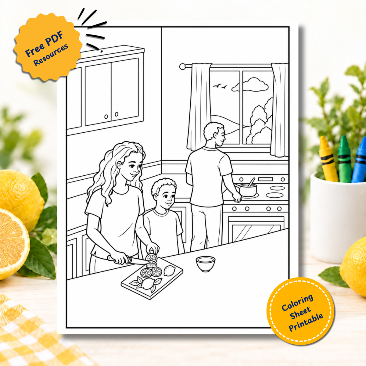 Free printable coloring page of a family cutting fresh lemons in the kitchen