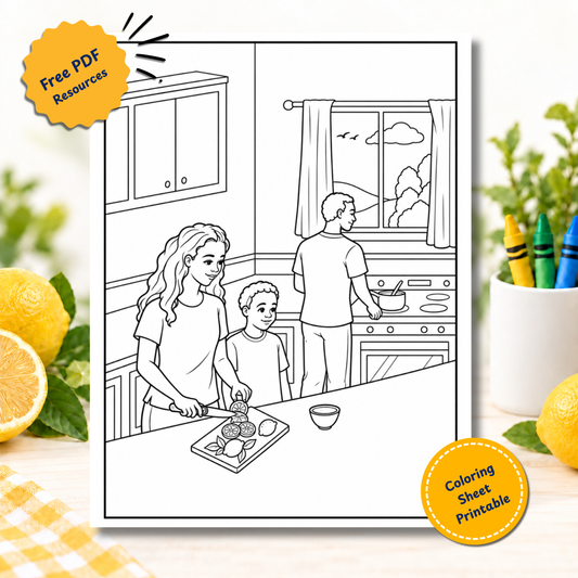 Free printable coloring page of a family cutting fresh lemons in the kitchen