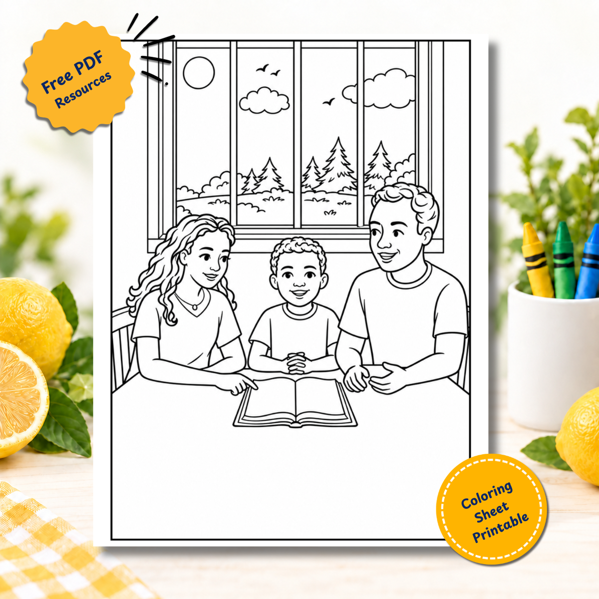 Free printable coloring page of a family reading scripture together at the table
