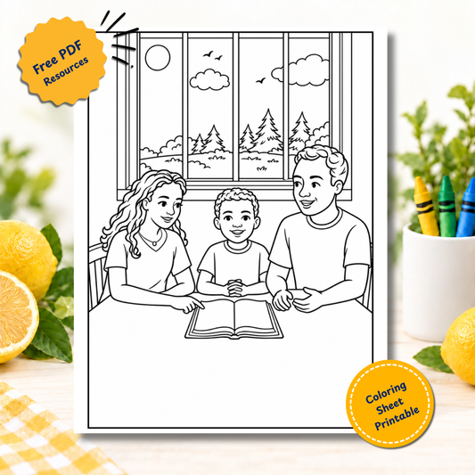 Free printable coloring page of a family reading scripture together at the table