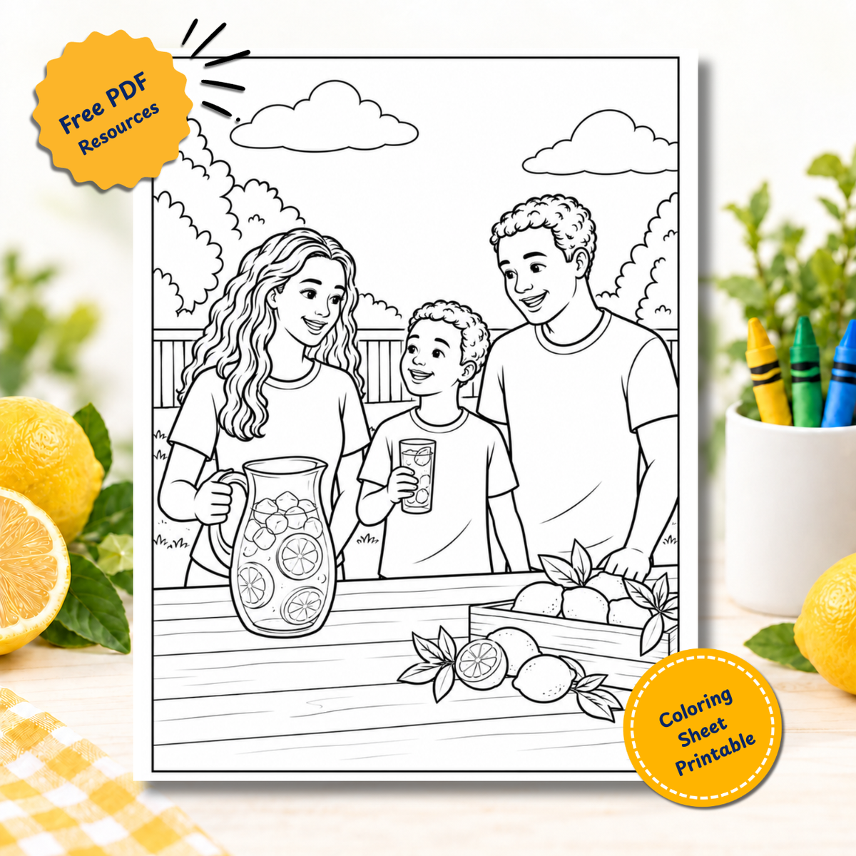Free printable coloring page of a family with a lemonade stand and fresh lemons ready to sell