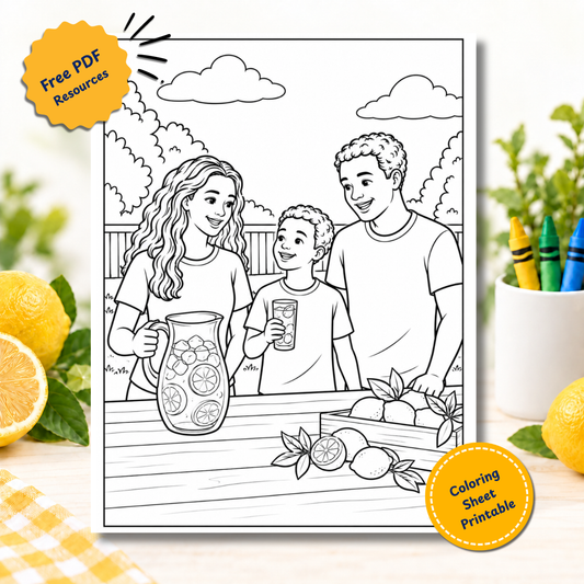 Free printable coloring page of a family with a lemonade stand and fresh lemons ready to sell