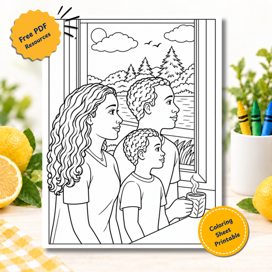 Free printable coloring page of a family looking out the window in the morning