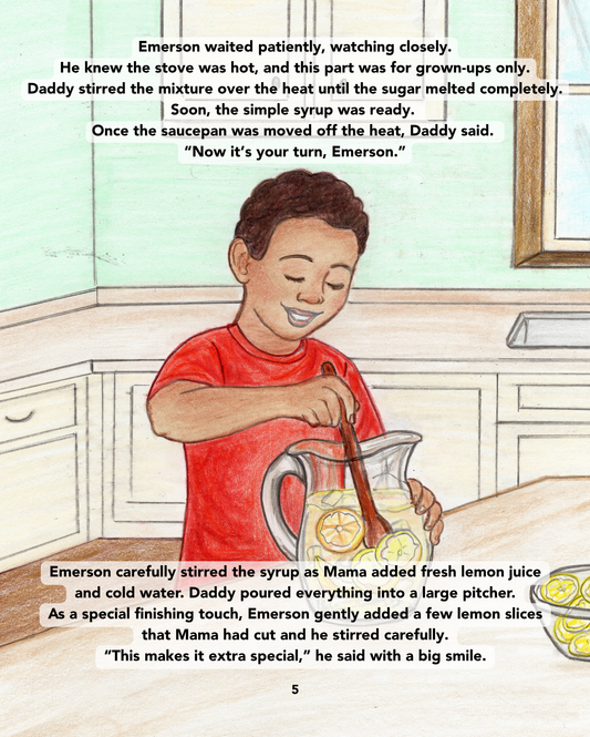 Interior page from The Brighton's Lemonade Day showing Emerson helping in the kitchen