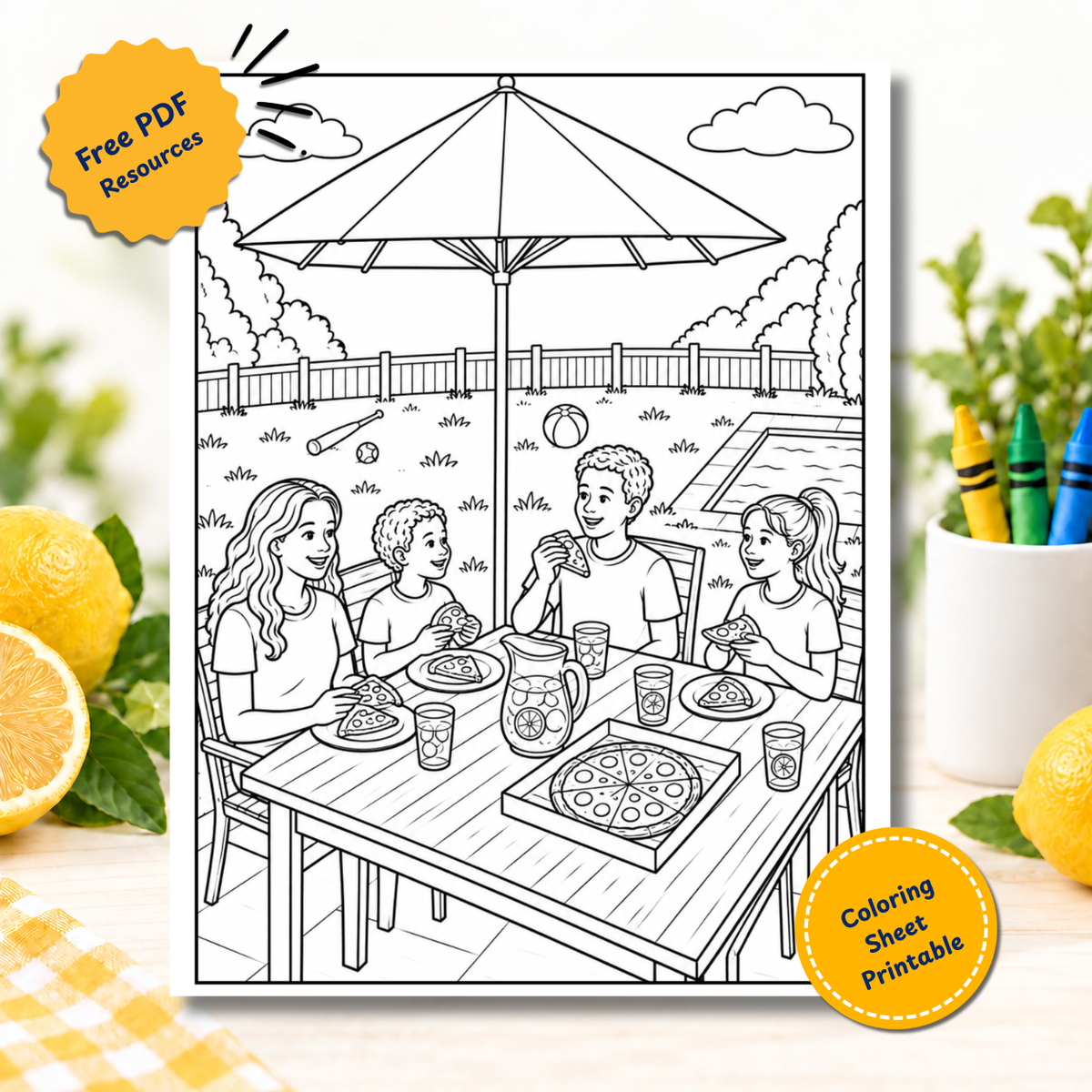 Free printable coloring page of a family eating pizza together outdoors