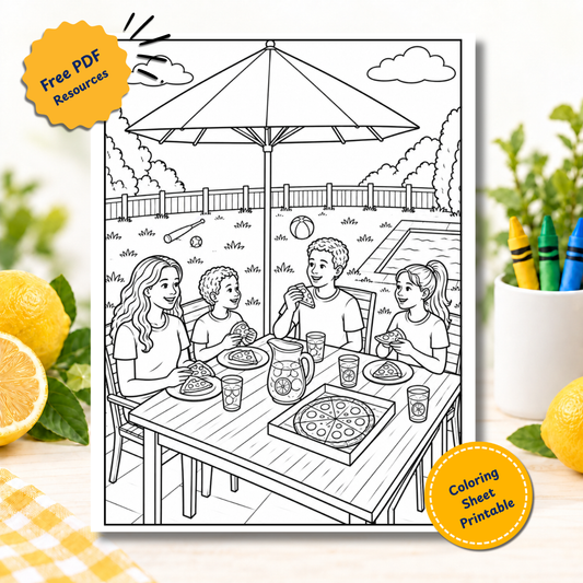 Free printable coloring page of a family eating pizza together outdoors