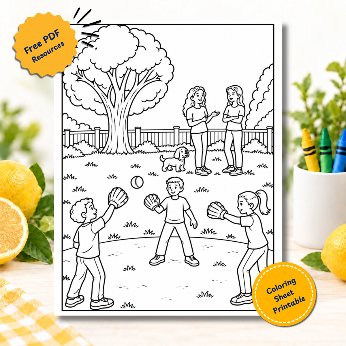 Free printable coloring page of kids playing catch outside with a dog