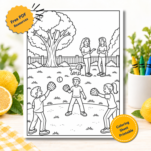 Free printable coloring page of kids playing catch outside with a dog