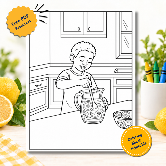 Free printable coloring page of a boy stirring a pitcher of lemonade in the kitchen
