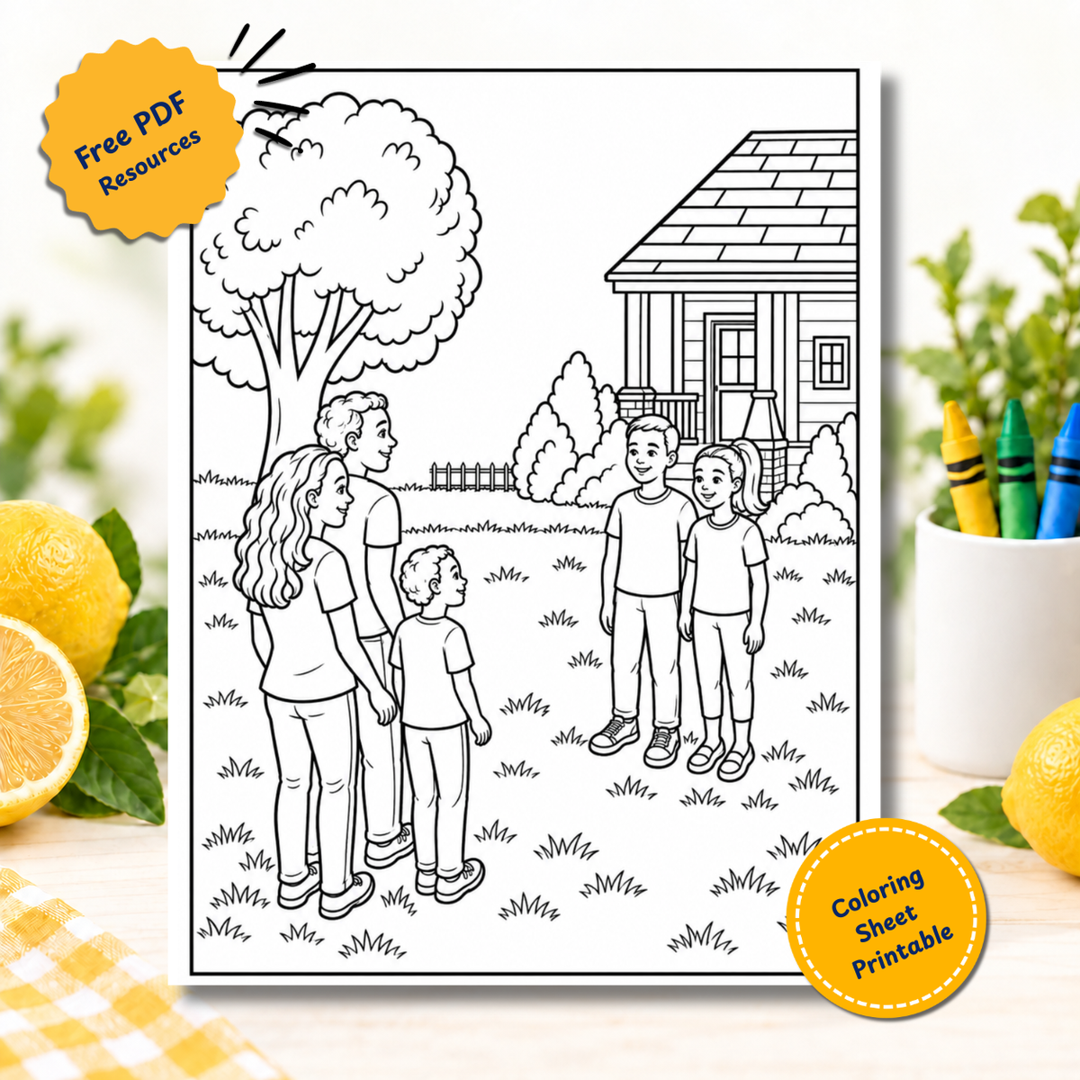 Free printable coloring page of a family visiting friends' house