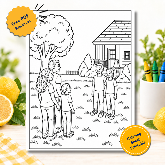 Free printable coloring page of a family visiting friends' house