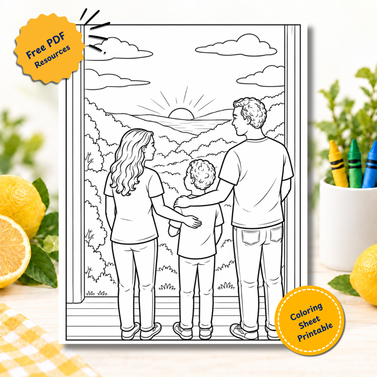 Free printable coloring page of a family watching the sunset together