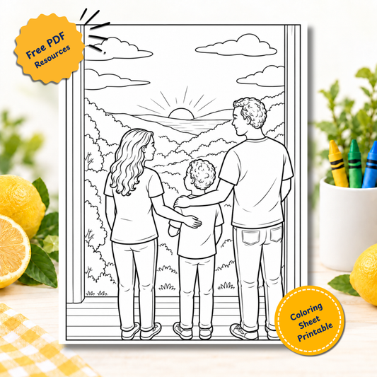 Free printable coloring page of a family watching the sunset together